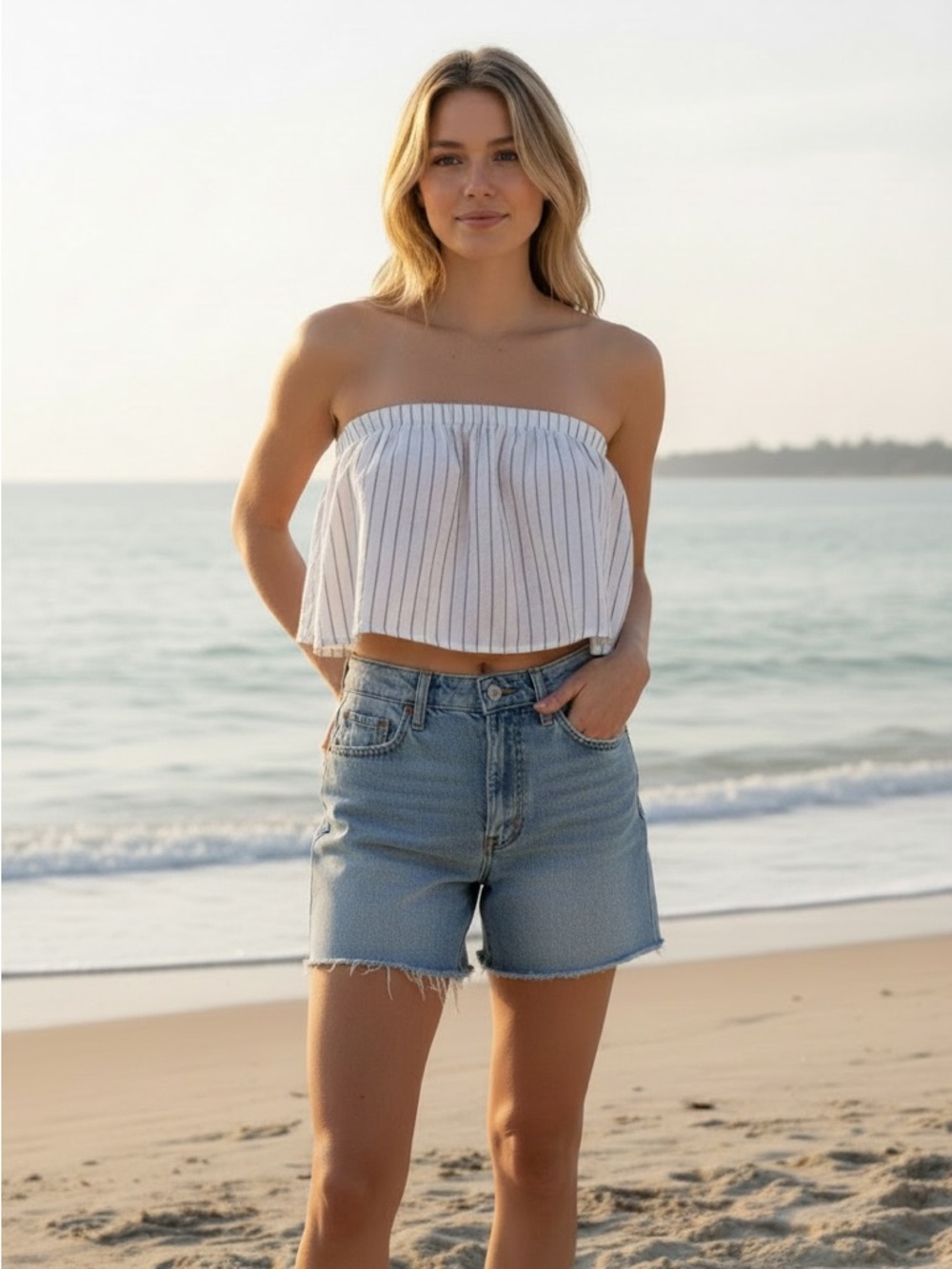 NWT SUPERDOWN Strapless Pin Stripe Crop Top in White Gray Size XS